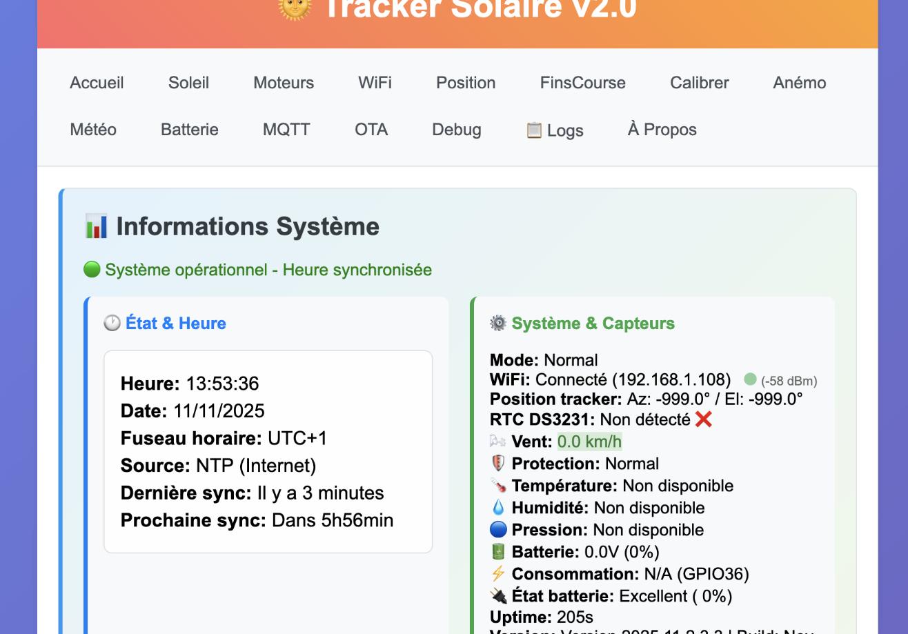 Interface web du logiciel Tracker Solaire v2.0, informations système